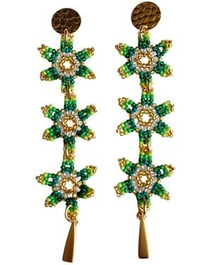 Iliana Arrazola Waterfall Blossom Three Flowers Dangle Earrings, Glass Beads, Beaded Jewellery - Green