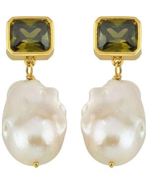 LINYA JEWELLERY Khaki Crystal Stone Baroque Pearl Dangle Earrings - Metallic