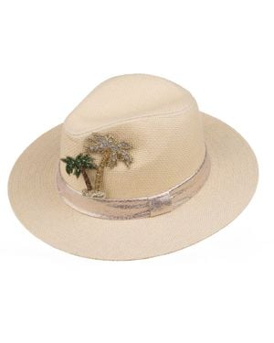 Laines London Neutrals Straw Woven Hat With Embellished Couture Palm Tree Brooch - Natural