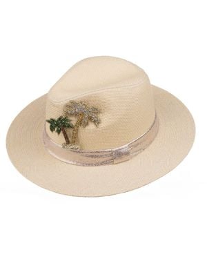 Laines London Neutrals Straw Woven Hat With Embellished Couture Palm Tree Brooch - Natural