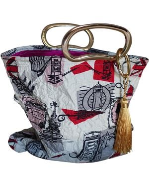 Romer Millinery Morphy Moldable Handle Clutch Upcycled Silk Scarf London Print - Purple