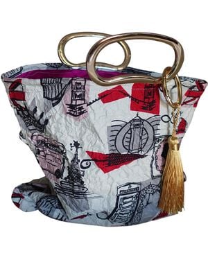 Romer Millinery Morphy Moldable Handle Clutch Upcycled Silk Scarf London Print - Purple