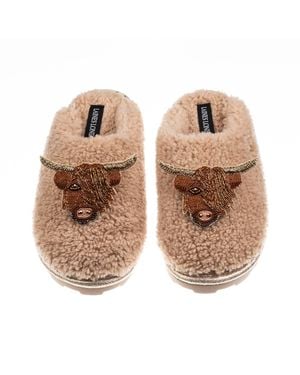 Laines London Neutrals Teddy Closed Toe Slippers With Double Highland Cow Brooches - Natural
