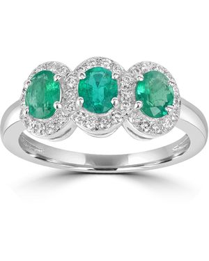 Artisan Oval Cut Emerald Pave Diamond Three Stone Band Ring - Metallic