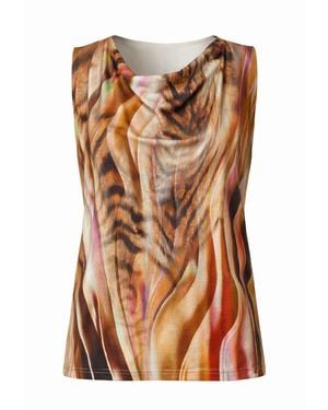 Conquista Printed Sleeveless Top With Draped Neckline - Brown