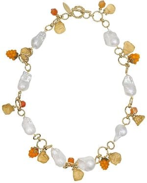 Farra Garden Floral Baroque Pearl Necklace With Raspberry & Citrine - Metallic