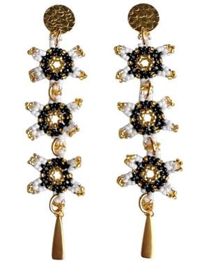 Iliana Arrazola Waterfall Blossom Three Flowers, Dangle Earrings, And Withe, Glass Beads, Beaded Jewellery - Metallic