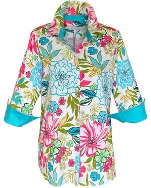 Perlavera Nancy Aloha Three Quarter Sleeve Length Missy Fit Shirt - Blue