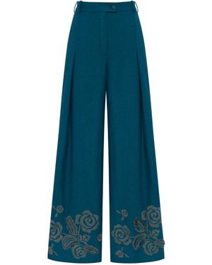 Annabo Velvet Rose Embroidered Wide-Leg Trousers – Deep - Blue