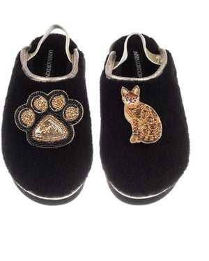 Laines London Flatform Cloud Slippers With Bengal Cat & Paw Brooches - Black