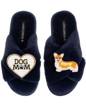 Laines London Classic Laines Slippers With Dog Mum/Mom & Peach The Corgi Brooches - Blue