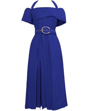 ALINA CERNĂTESCU Chimera Royal Cocktail Linen Off Shoulder Midi Dress - Blue