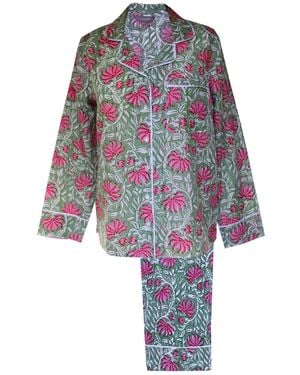Lime Tree Design And Floral Cotton Block Printed Pyjamas - Blue