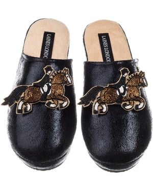 Laines London Softie Slippers With Dressage Horse Brooches - Black