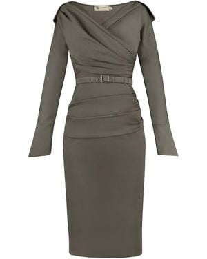 ALINA CERNĂTESCU Kayo Ash Midi Off Shoulder Statement Office Day Dress - Gray