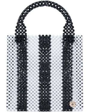 Tillie Beads And Stripe Round Handle Bead Medium Tote - Black