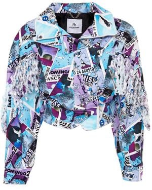 Brenda Agradi Ibiza Style Printed Fringed Bomber Jacket - Blue
