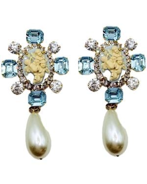 Achala Handcrafted Neutrals Romantic Statement Victorian Cupid Cameo & Pearl Earrings - Blue