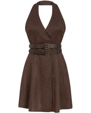Nocturne Double Belt Detailed Mini Dress - Brown