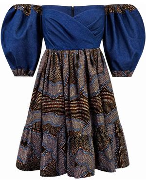 Ohema Ohene Michaela Denim & African Print Off-Shoulder Dress - Blue