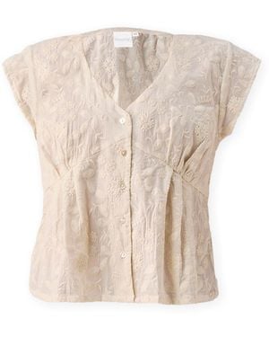 REISTOR Embroidered Deep V Neck Top - Natural