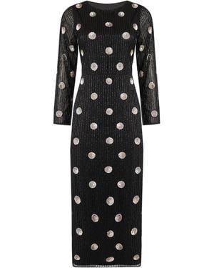 Rose & Nancy Merrin Polka Dot Hand Beaded Midi Dress - Black