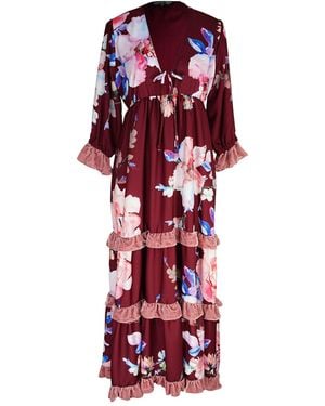 Jennafer Grace Plum Rose Velvet Ruffle Maxi Dress - Red