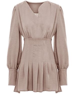 BLUZAT Neutrals Mini Dress With Pleats And Asymmetrical Cut Neck - Brown