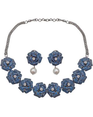 Meraki by Rashmi Bajaj Royal Bloom Cubic Zirconia Earrings & Necklace Set - Blue