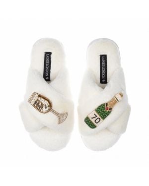 Laines London Neutrals Classic Laines Slippers With Champagne & Glass 70Th Birthday Brooches - White