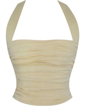 Miss Circle New York Wilsie Lemon Cotton Poplin Ruched Halter Top - White