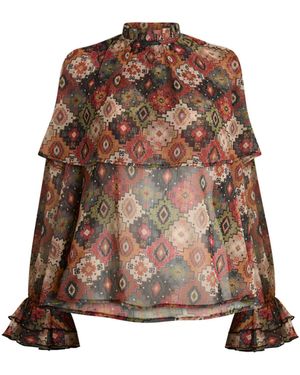 James Lakeland Birds Eye Ruffle Blouse - Brown