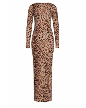 AMAANALUX Long Sleeve Sheer Leopard Print Maxi Dress - Brown