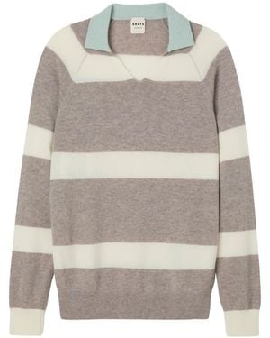 Salts Cashmere Split Neck Polo Stripe Jumper - Grey