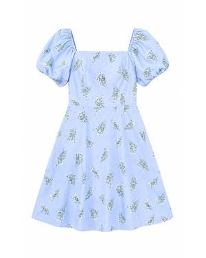 Yumi' Cotton Floral Puff Sleeve Skater Dress - Blue