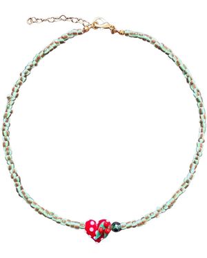 Desert Lobby Small Talk With Santa — Striped Glass Bead Necklace With Christmas Theme Murano Heart - Metallic