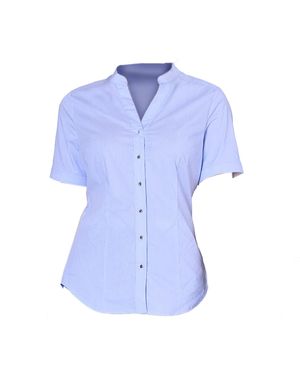 Smart and Joy Fitted V-Neck Short Sleeves Cotton Shirt - Blue
