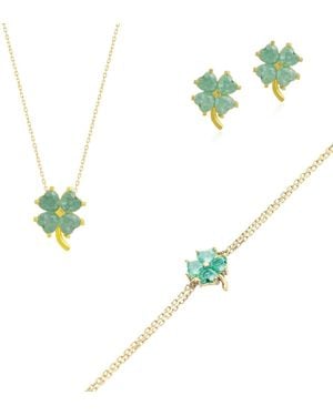 Spero London Best Of Luck Four Leaves Clover Sterling Bracelet Necklace & Stud Earring Set - Blue