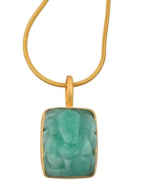 Opium Jewels Emerald Ganesh Pendant On Plated Snake Chain - Green