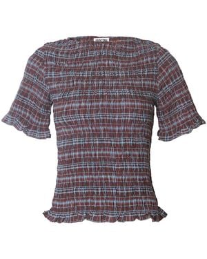 Amy Lynn Neutrals Kitty Heritage Check Chiffon Smocked Frill Sleeve Top - Purple