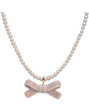 H2 Studio Bowtie Maniac Medium Ceramic Ribbon Bowtie Round Baroque Freshwater Pearl Necklace Rose Rock - Metallic