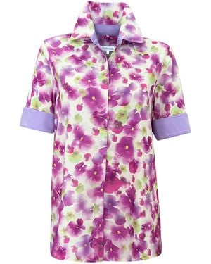Perlavera Cecil Flower Printed Satin Short Sleeve Length Missy Fit Shirt - Purple