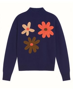 Yumi' Knitted High Neck Jumper With Applique Flowers - Blue