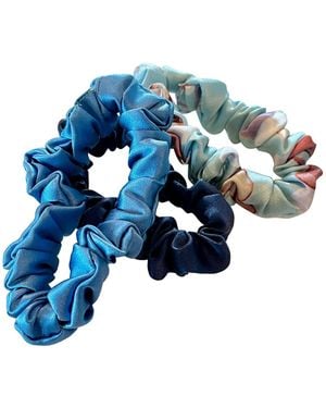 Soft Strokes Silk Set Of Three Pure Mulberry Silk Mini Scrunchies Weekly Special Hair Ties Lakeside Serenity - Blue