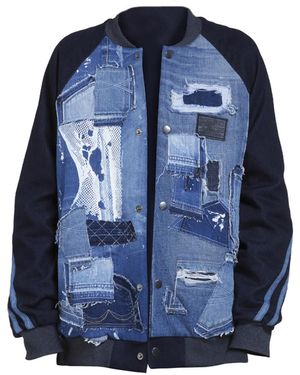 Story Wear Knit-Like Denim Baseball Jacket - Blue