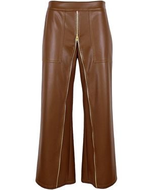 Lalipop Design Wide-Leg Vegan Leather Trousers With Front Zipper Detail - Brown