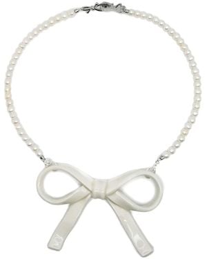 H2 Studio Bowtie Maniac Large Ribbon Bowtie Round Freshwater Pearl Necklaces Porcelain - Metallic