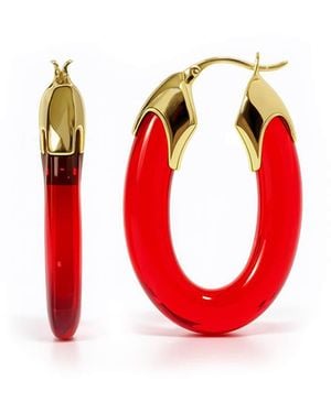 Gold & Honey Ruby Carved Oval Lucite Birthstone Hoop Earrings - Red