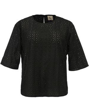 Smart and Joy Eyelet Cotton Lace Loose Blouse - Black