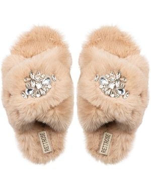 Rettrose Neutrals Audrey Mink Luxury Plush Diamanté Embellished Handmade Slipper - Natural